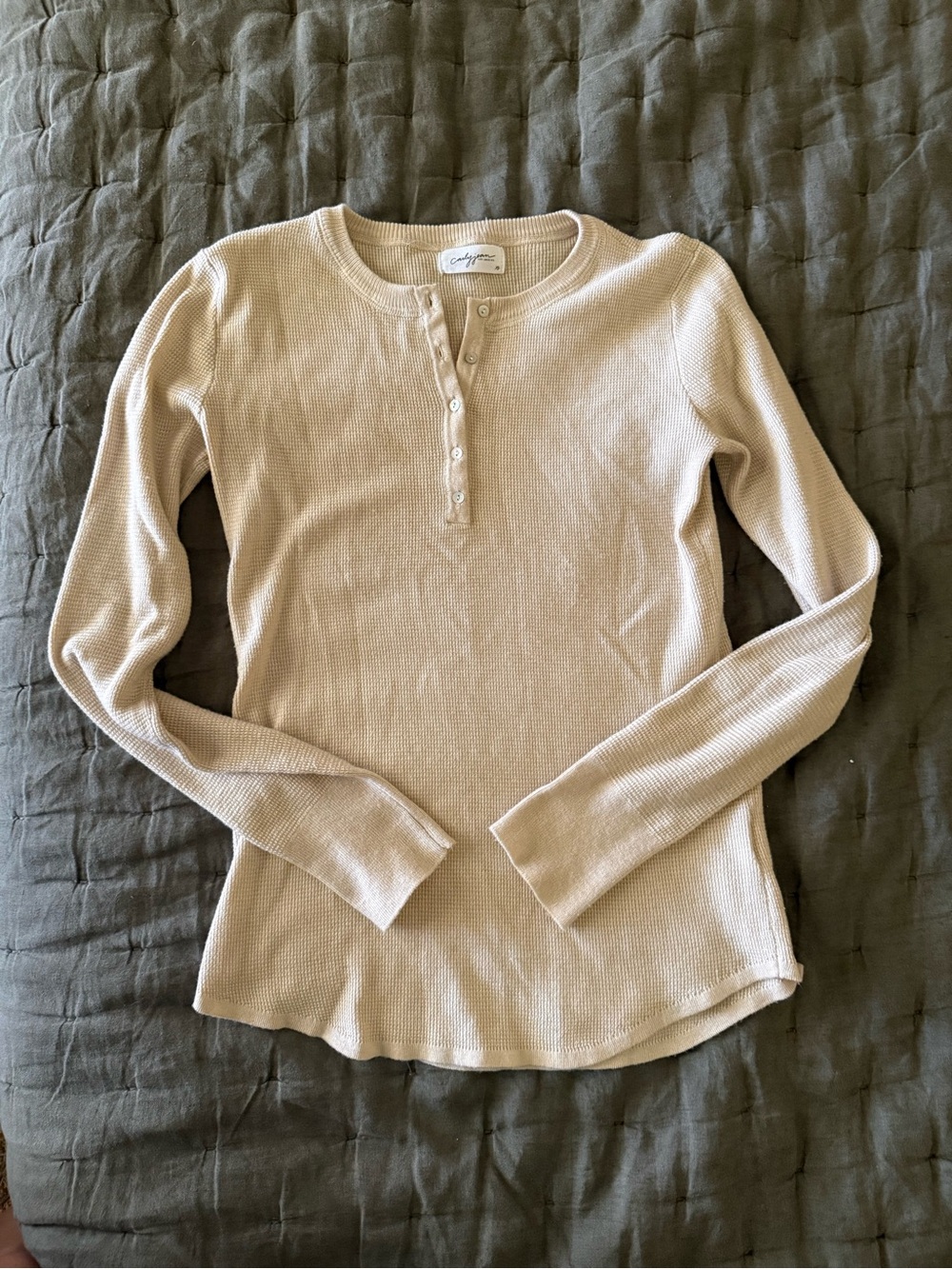 Waffle Henley Long-Sleeve Top in Beige